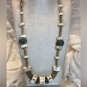 Vintage Mazola wood fish bone bead tribal necklace, warrior bead necklace, 1960s